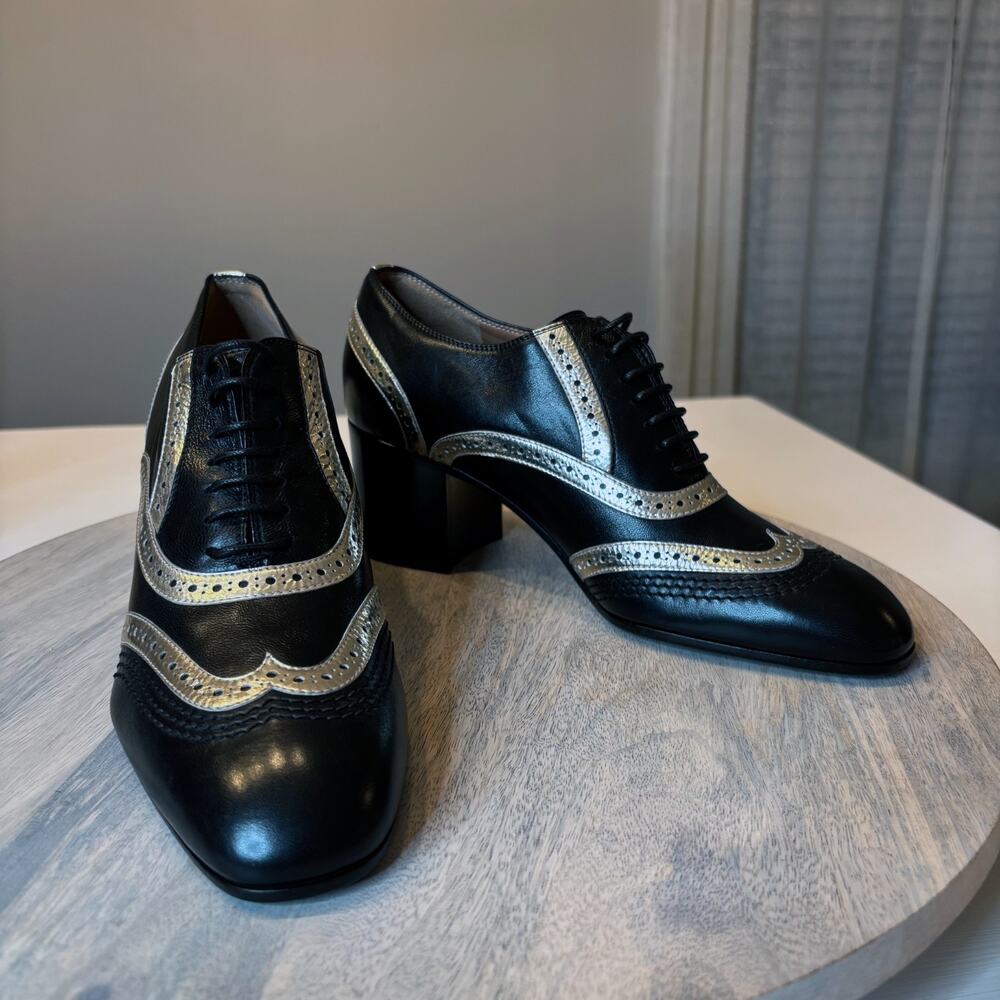 Laurence Dacade Black Leather Heeled Oxfords Gold Trim Women EU 38 US Sz 8 Italy